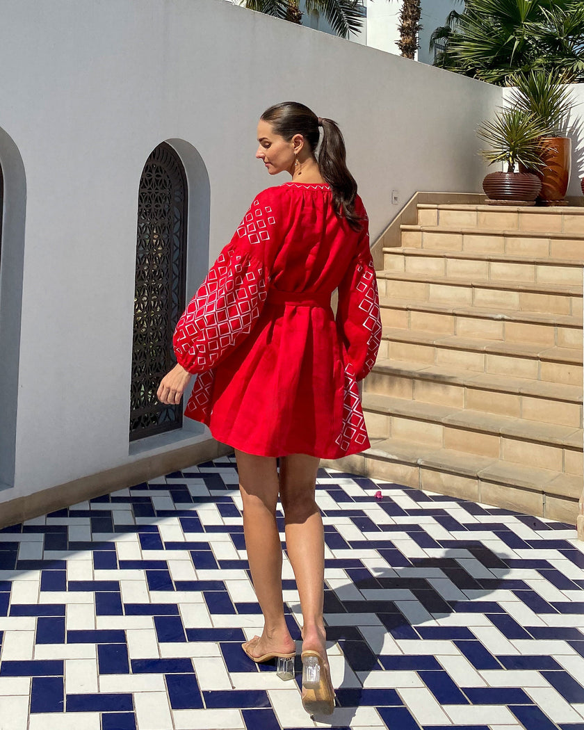Scarlet Red Embroidered Linen Mini Dress – Balloon Sleeves