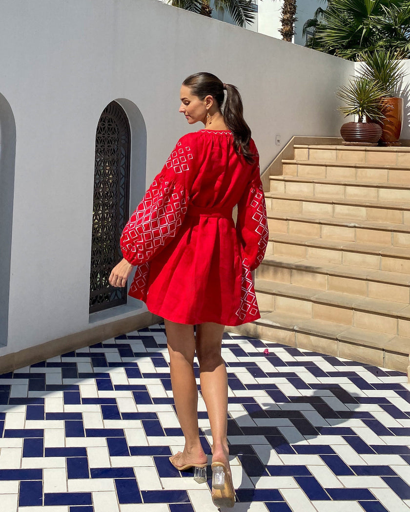 Red White Geometric Embroidered Linen Kaftan Mini Dress