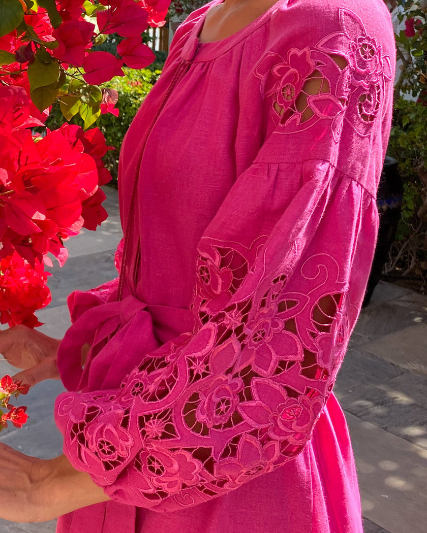 Fuchsia Hand-Cut Richelieu Embroidered Linen Kaftan Maxi Dress