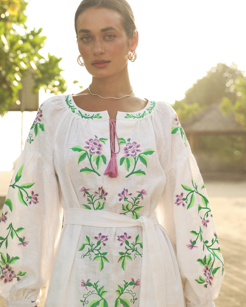 White Purple Floral Embroidered Linen Kaftan Maxi Dress