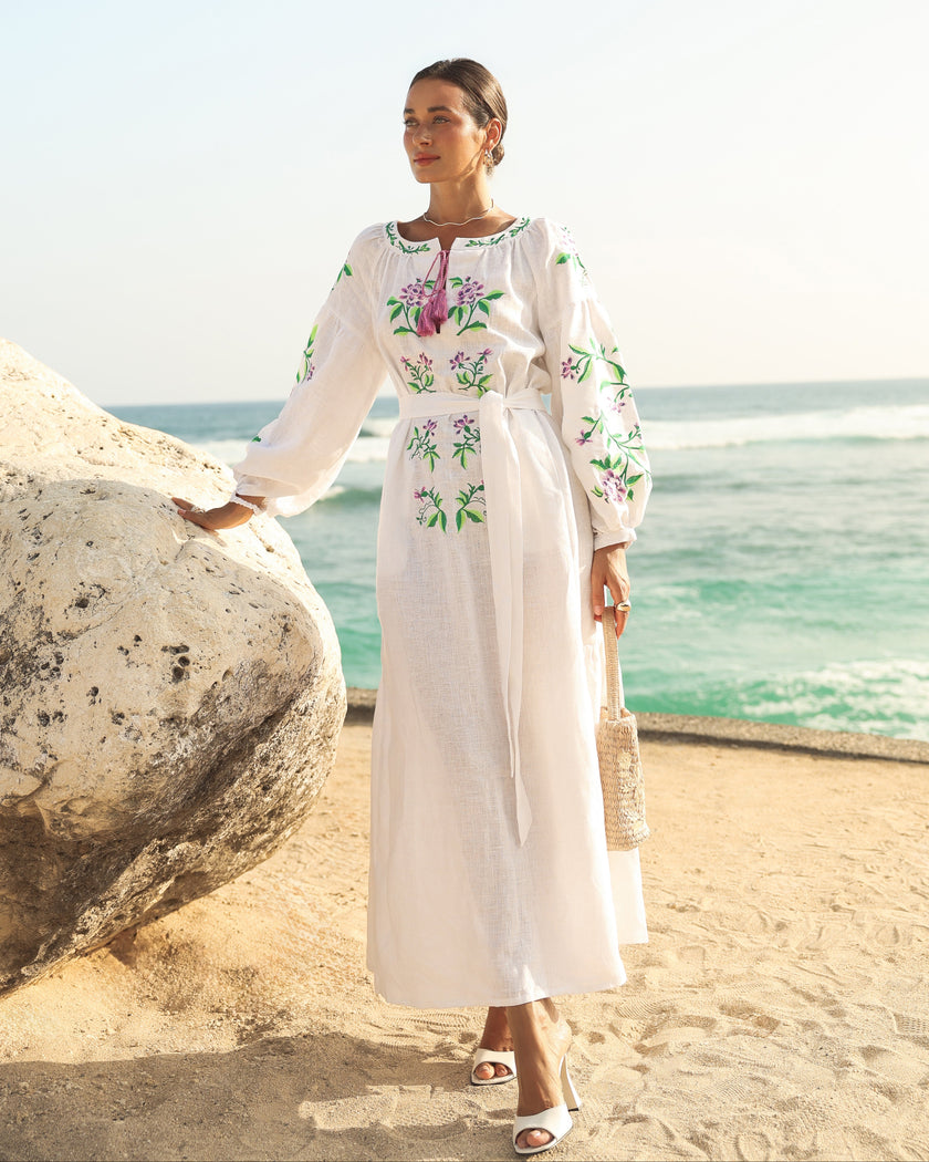 White Purple Floral Embroidered Linen Kaftan Maxi Dress