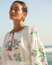 White Purple Floral Embroidered Linen Kaftan Maxi Dress