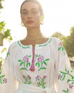 White Purple Floral Embroidered Linen Kaftan Maxi Dress