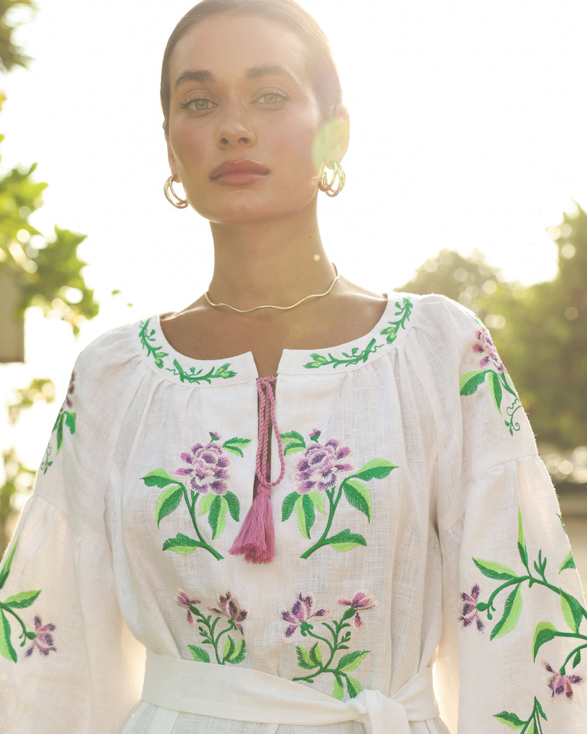White Purple Floral Embroidered Linen Kaftan Maxi Dress