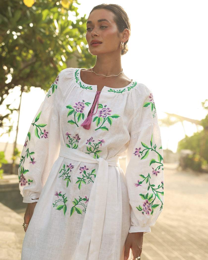 White Purple Floral Embroidered Linen Kaftan Maxi Dress