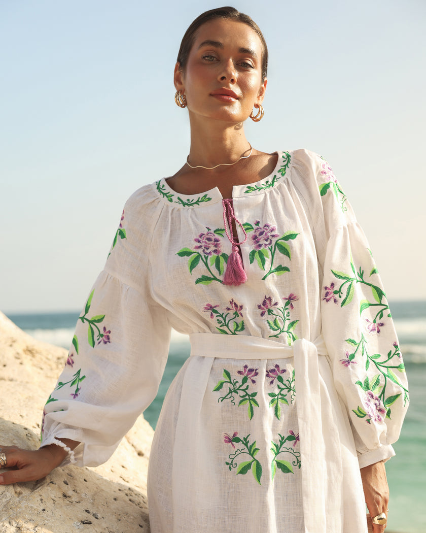 White Purple Floral Embroidered Linen Kaftan Maxi Dress