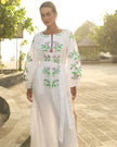 White Purple Floral Embroidered Linen Kaftan Maxi Dress