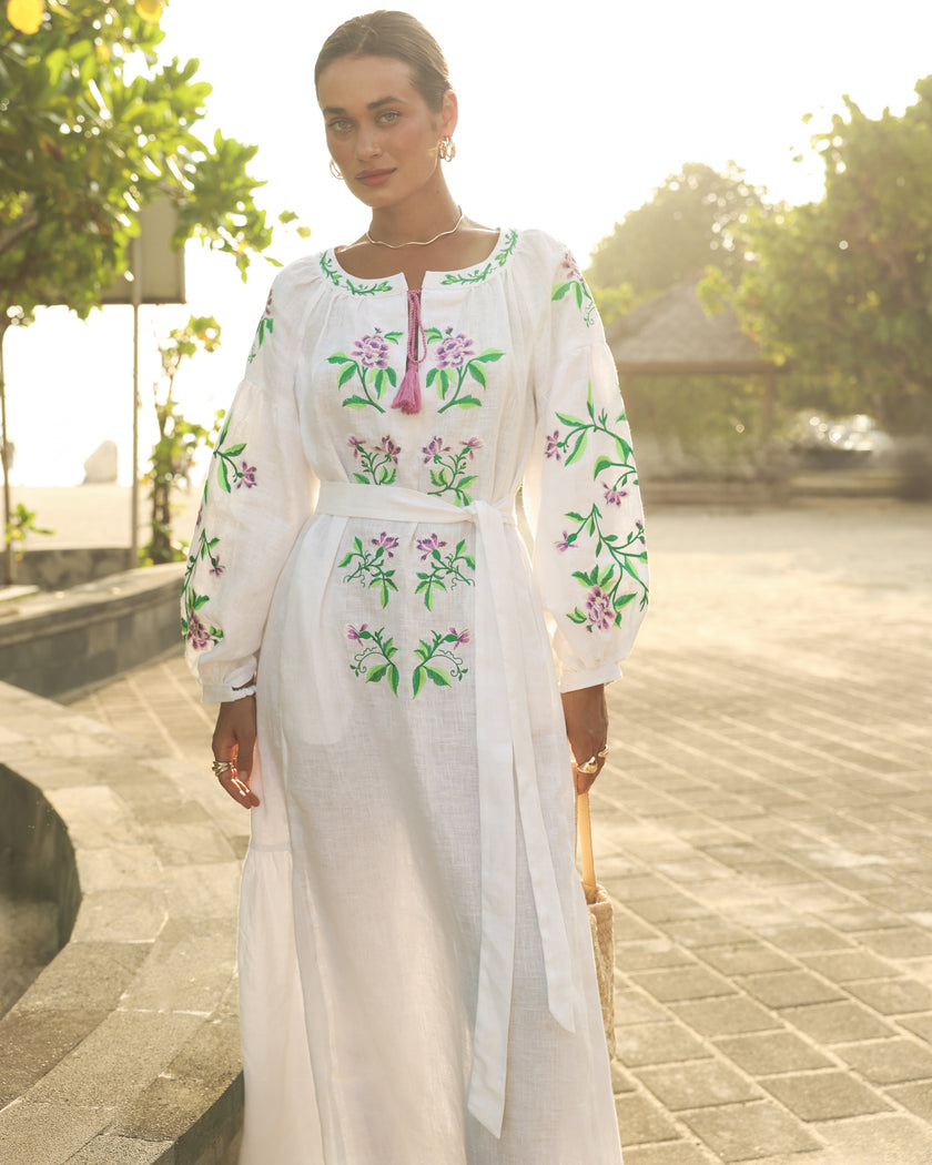 White Purple Floral Embroidered Linen Kaftan Maxi Dress