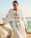 White Purple Floral Embroidered Linen Kaftan Maxi Dress