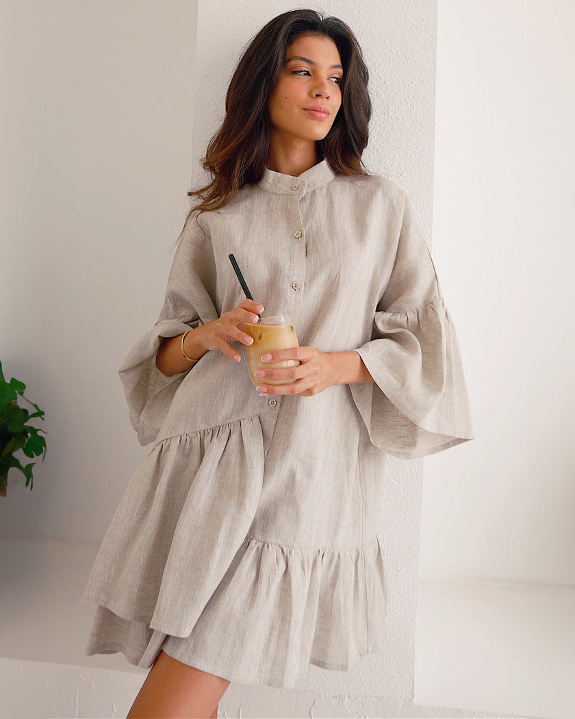 Beige Asymmetric Ruffled Linen Mini Shirt Dress