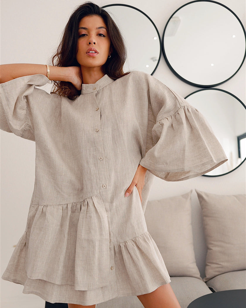 Beige Asymmetric Ruffled Linen Mini Shirt Dress