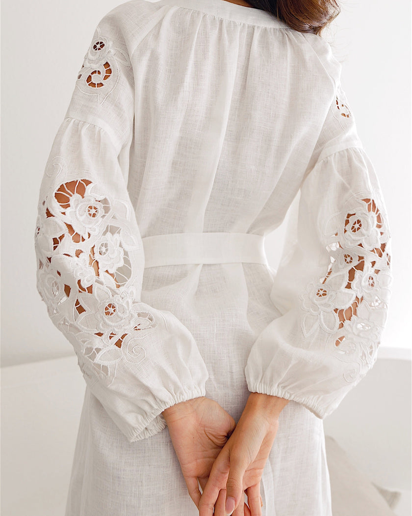 White Hand-Cut Richelieu Embroidered Linen Kaftan Maxi Dress