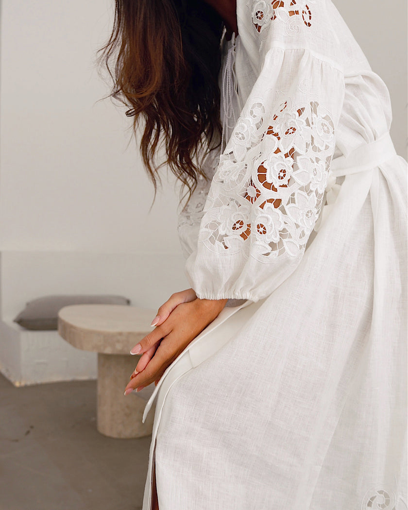 White Hand-Cut Richelieu Embroidered Linen Kaftan Maxi Dress