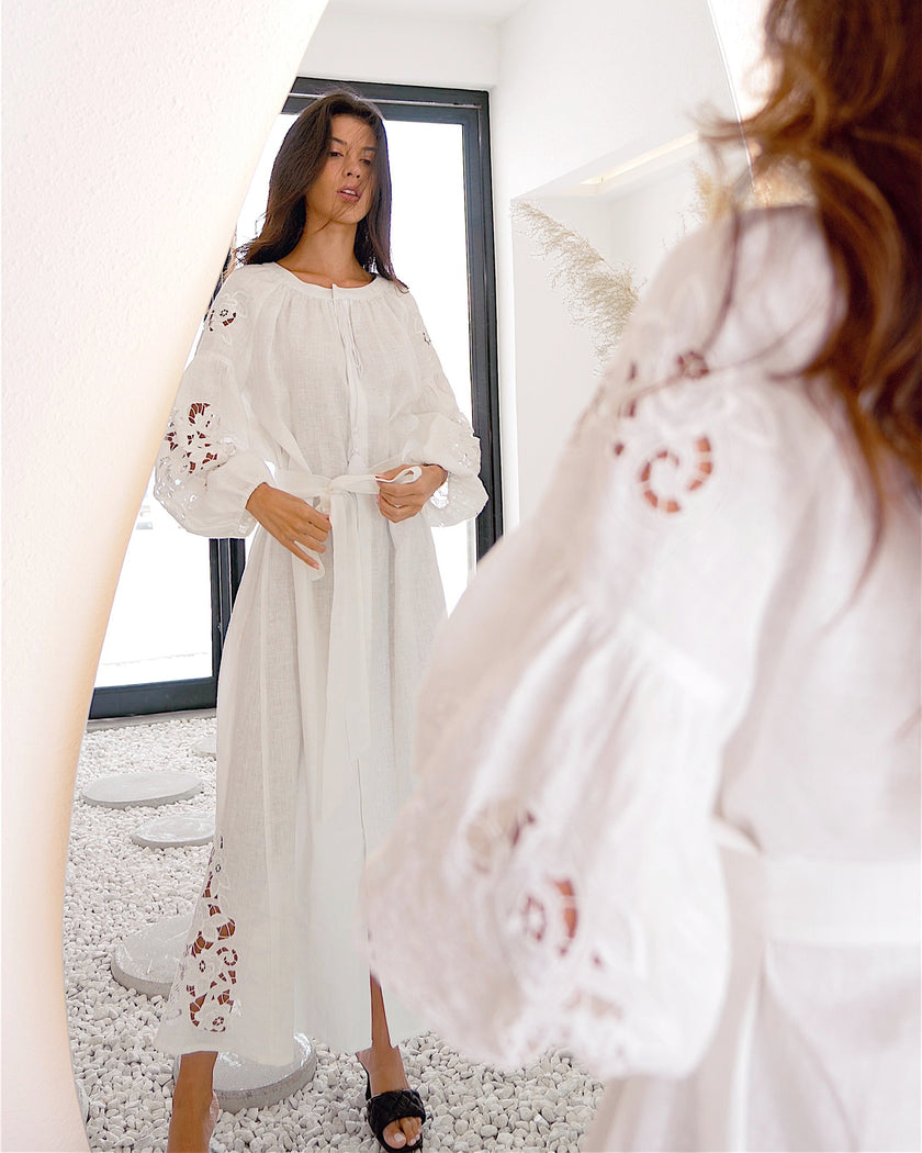 White Hand-Cut Richelieu Embroidered Linen Kaftan Maxi Dress