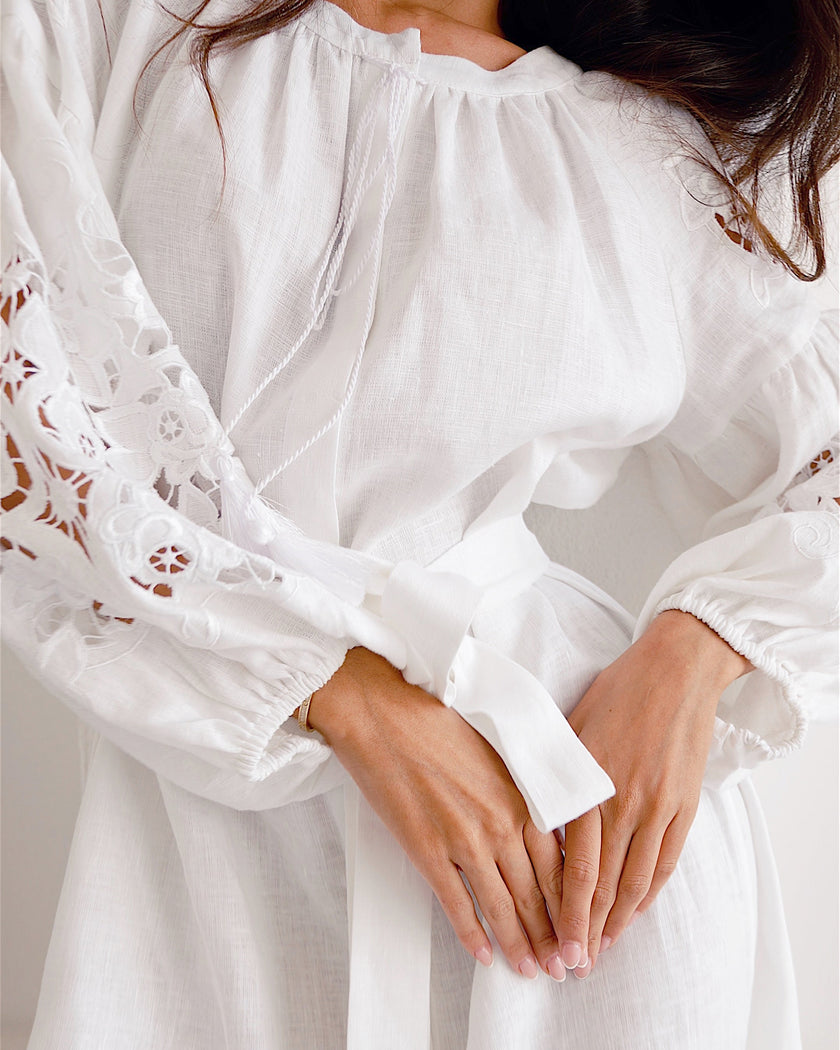 White Hand-Cut Richelieu Embroidered Linen Kaftan Maxi Dress