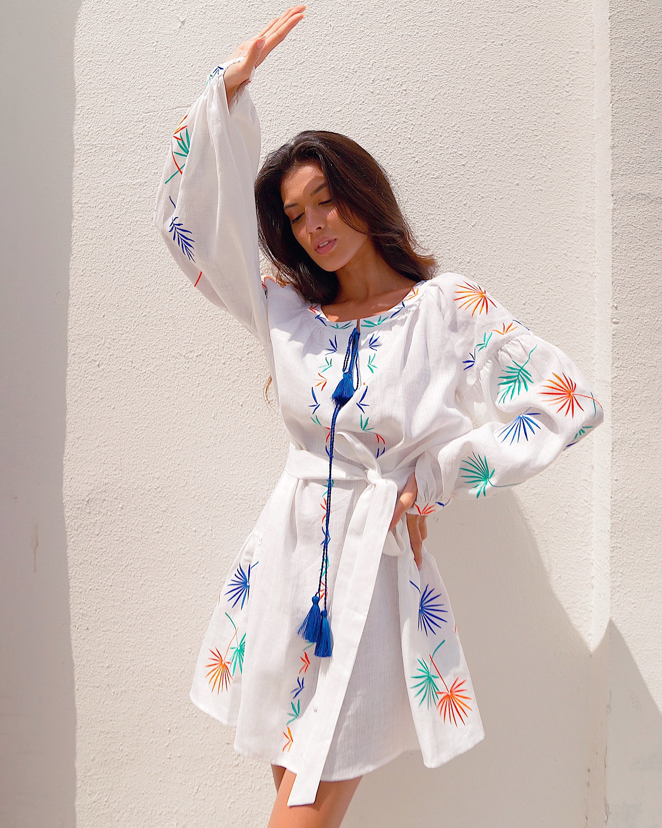 White Embroidered Linen Dress – Balloon Sleeves || ZALXNDRA
