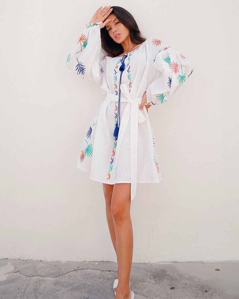White Embroidered Linen Dress – Balloon Sleeves | ZALXNDRA