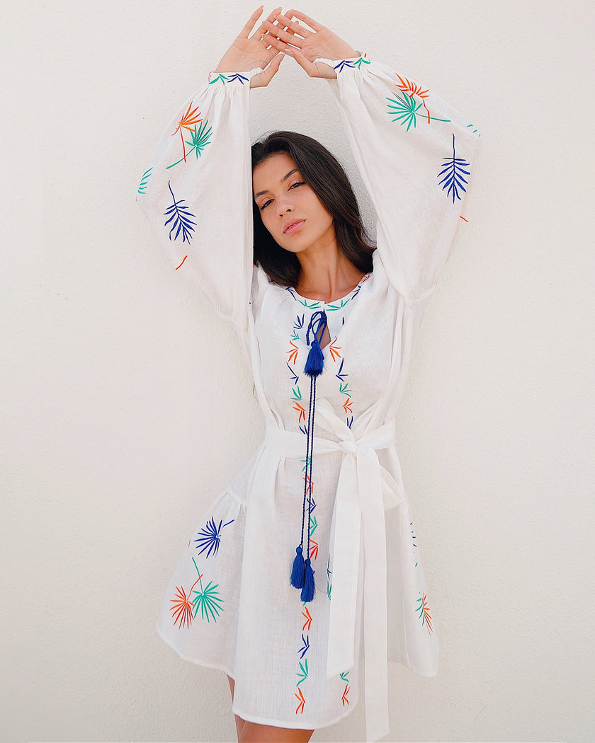 White Embroidered Linen Dress – Balloon Sleeves || ZALXNDRA