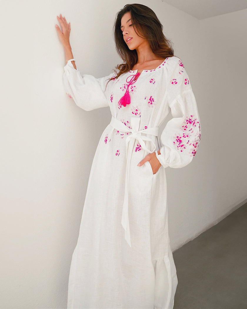 White Embroidered Linen Long Dress – Balloon Sleeves || ZALXNDRA