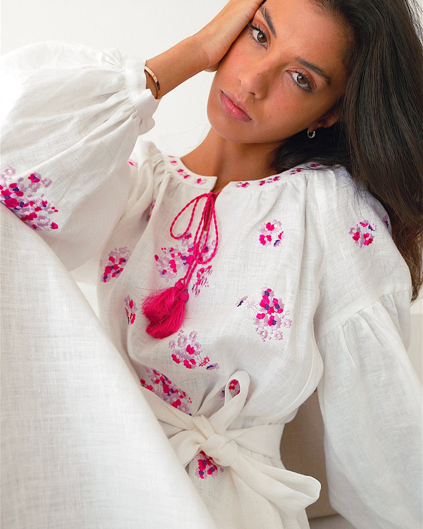 White Embroidered Linen Long Dress – Balloon Sleeves | ZALXNDRA