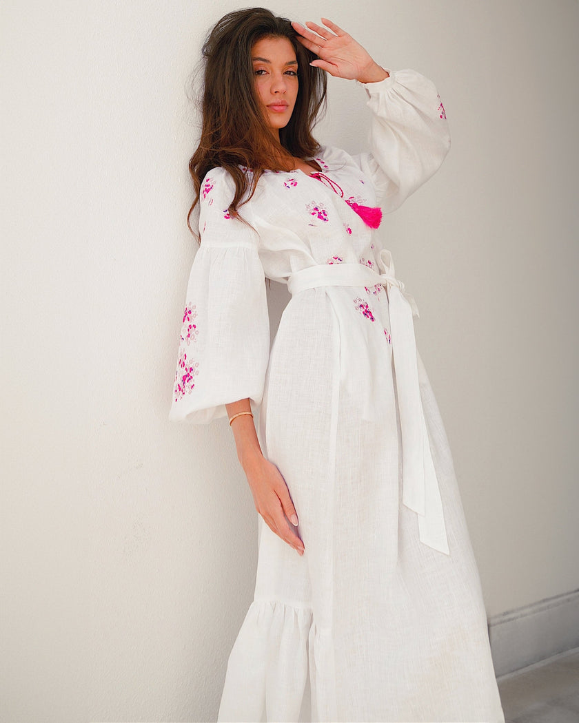 White Embroidered Linen Long Dress – Balloon Sleeves | ZALXNDRA