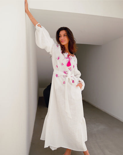 White Embroidered Linen Long Dress – Balloon Sleeves | ZALXNDRA