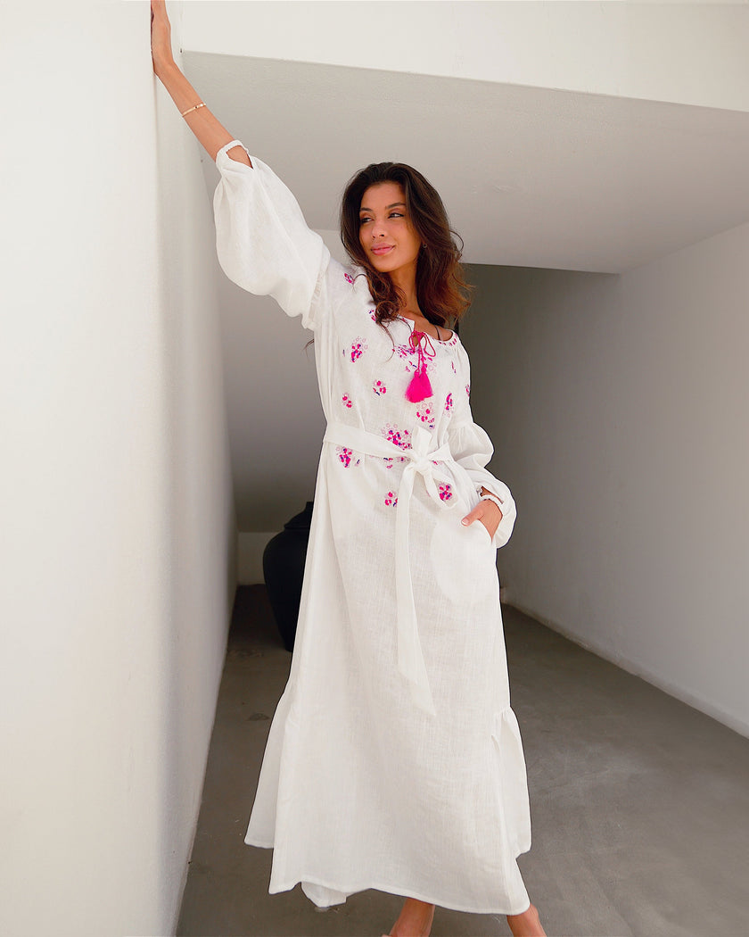 White Embroidered Linen Long Dress – Balloon Sleeves || ZALXNDRA