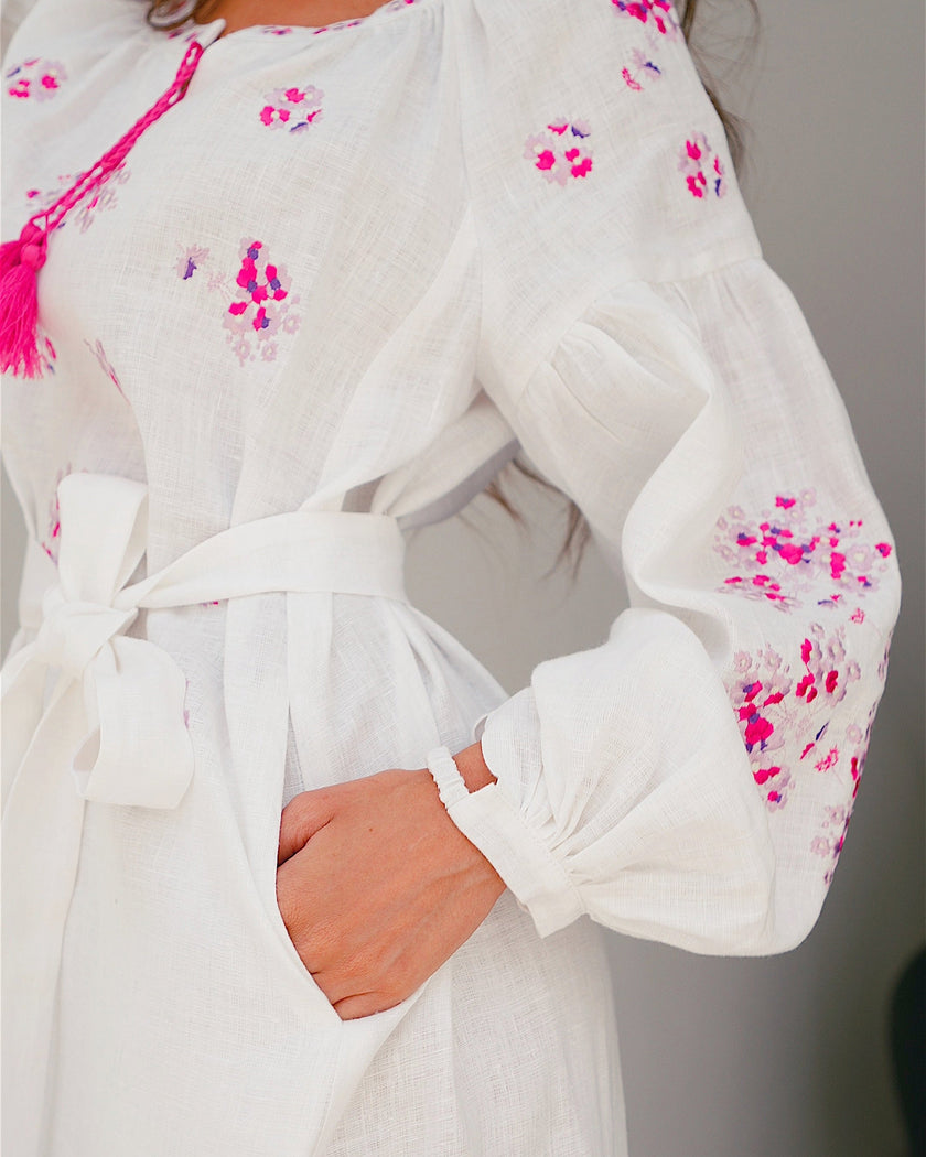 White Embroidered Linen Long Dress – Balloon Sleeves | ZALXNDRA