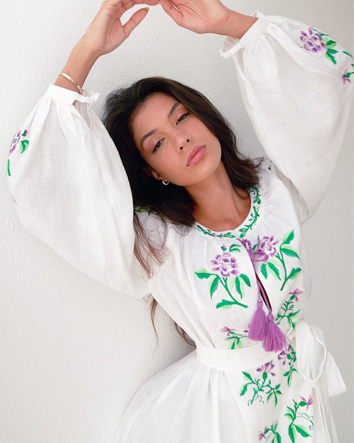 White Embroidered Linen Maxi Dress | ZALXNDRA