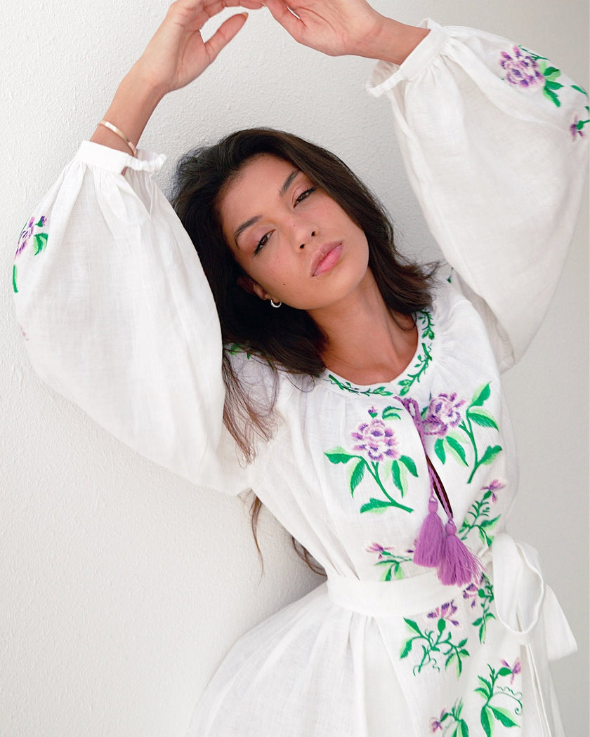White Embroidered Linen Long Dress – Balloon Sleeves | ZALXNDRA