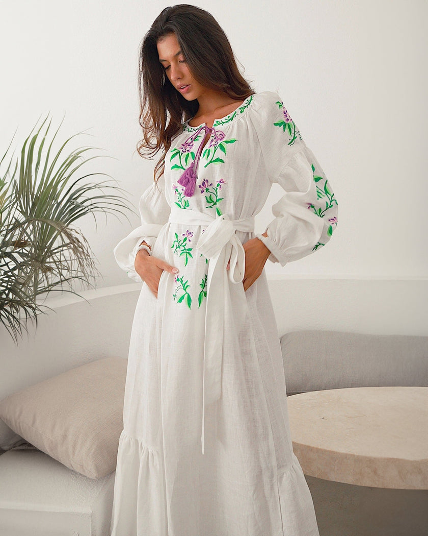 White Embroidered Linen Long Dress – Balloon Sleeves | ZALXNDRA