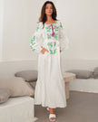 White Embroidered Linen Long Dress – Balloon Sleeves || ZALXNDRA