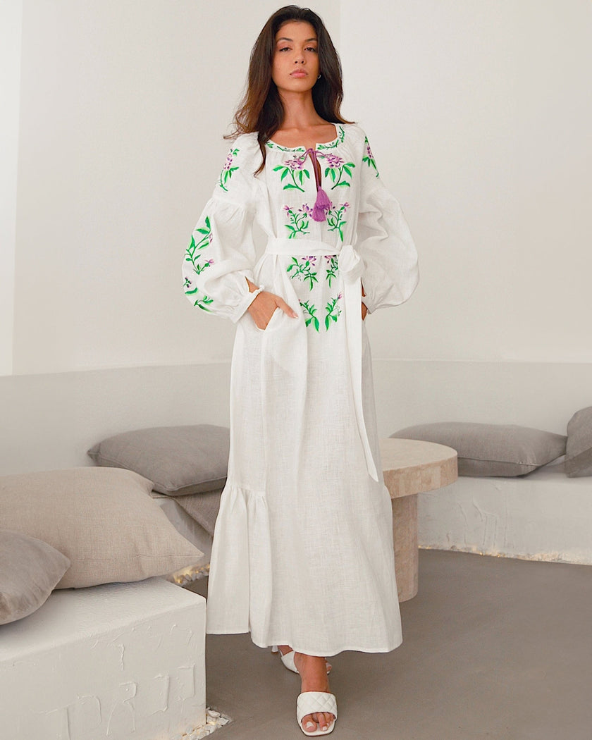White Embroidered Linen Long Dress – Balloon Sleeves | ZALXNDRA