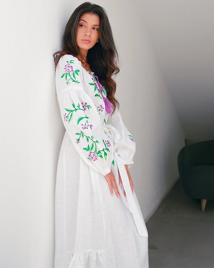 White Embroidered Linen Maxi Dress | ZALXNDRA