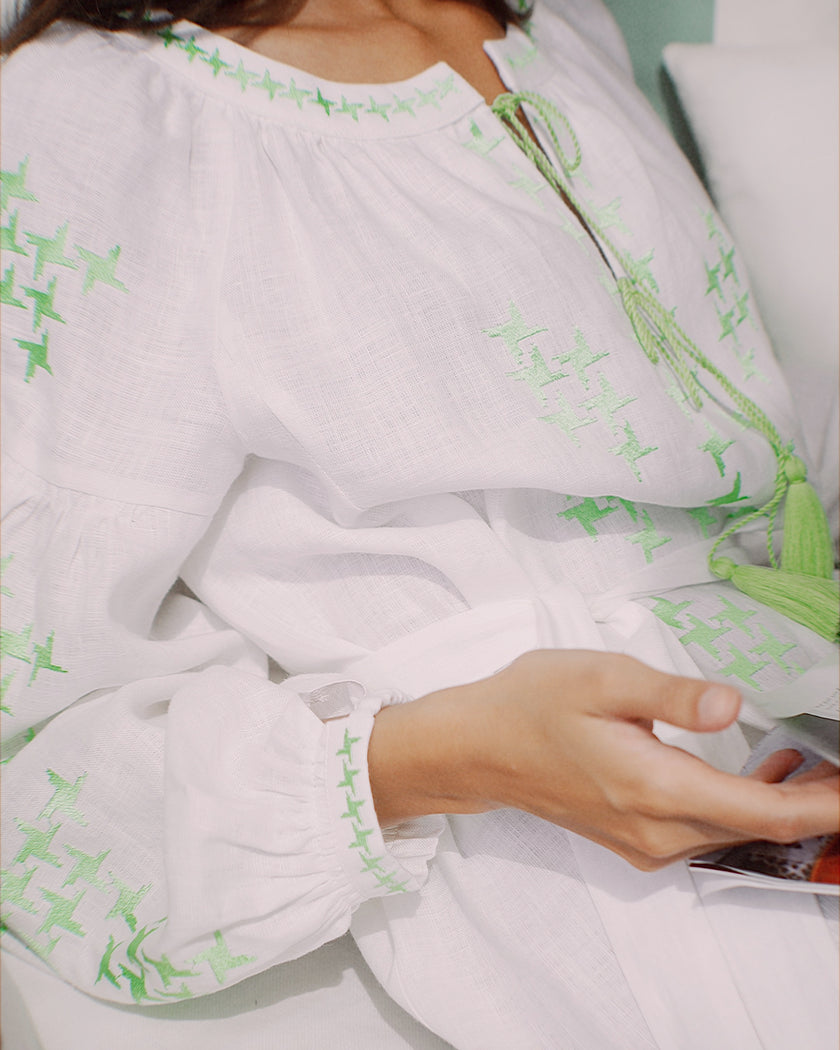 White Green Geometric Embroidered Linen Kaftan Maxi Dress