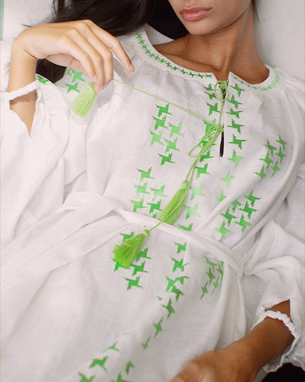 White Embroidered Linen Long Dress – Balloon Sleeves | ZALXNDRA