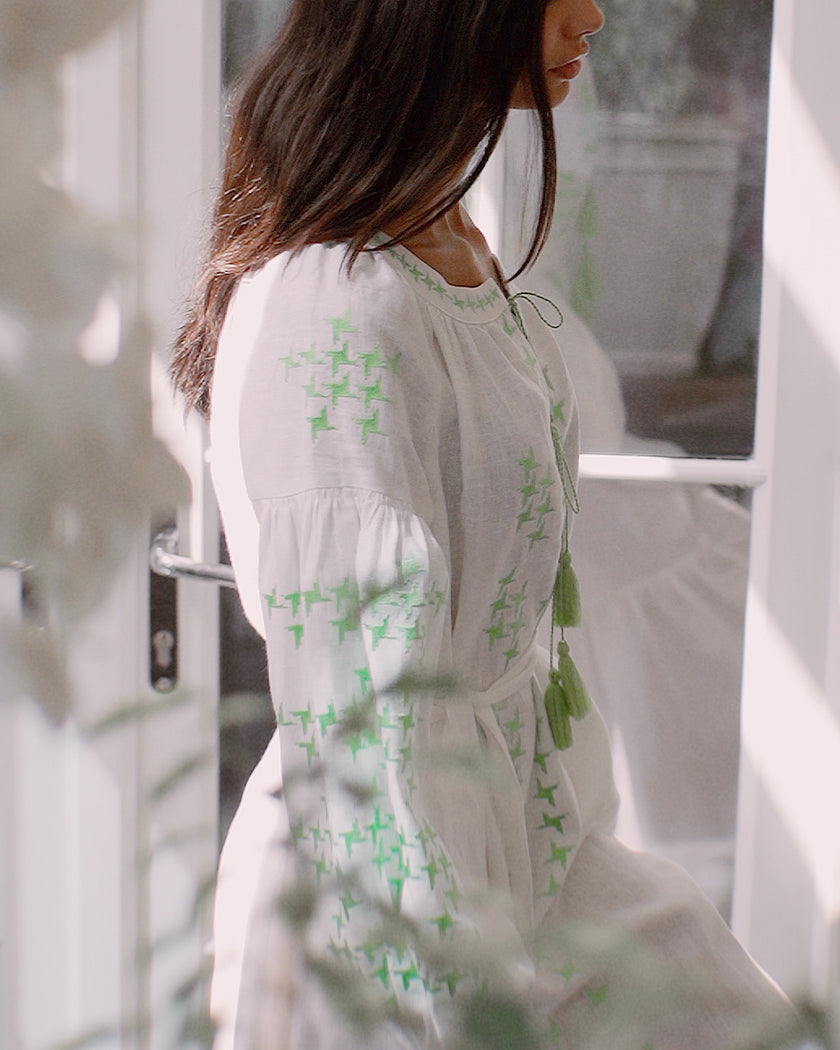 White Green Geometric Embroidered Linen Kaftan Maxi Dress