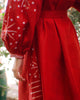 Cherry Red Embroidered Linen Maxi Dress – Balloon Sleeves