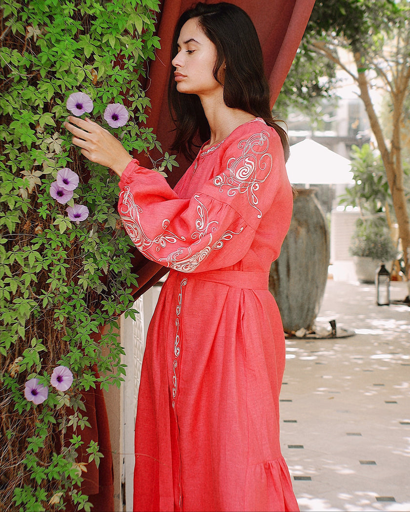 Coral White Embroidered Linen Kaftan Maxi Dress
