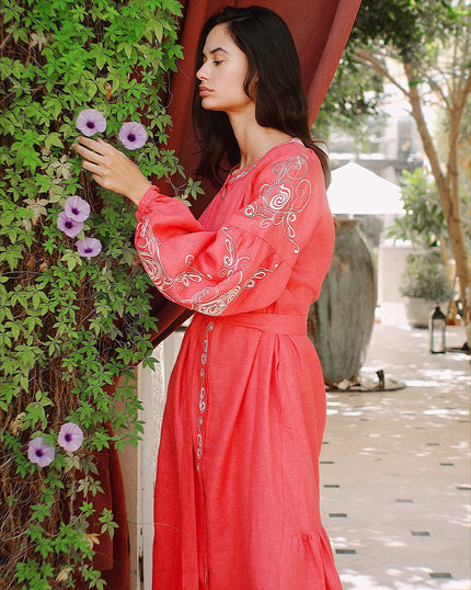 Coral Embroidered Linen Maxi Dress – Balloon Sleeves | ZALXNDRA