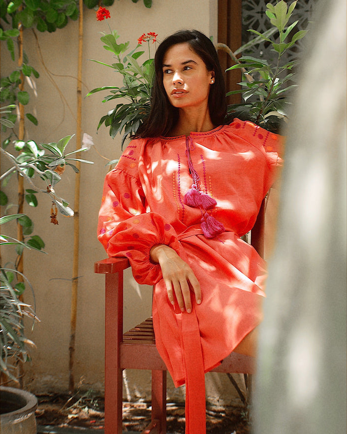 Coral Embroidered Linen Mini Dress – Balloon Sleeves | ZALXNDRA