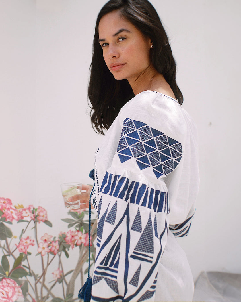 White Embroidered Linen Mini Dress – Balloon Sleeves | ZALXNDRA