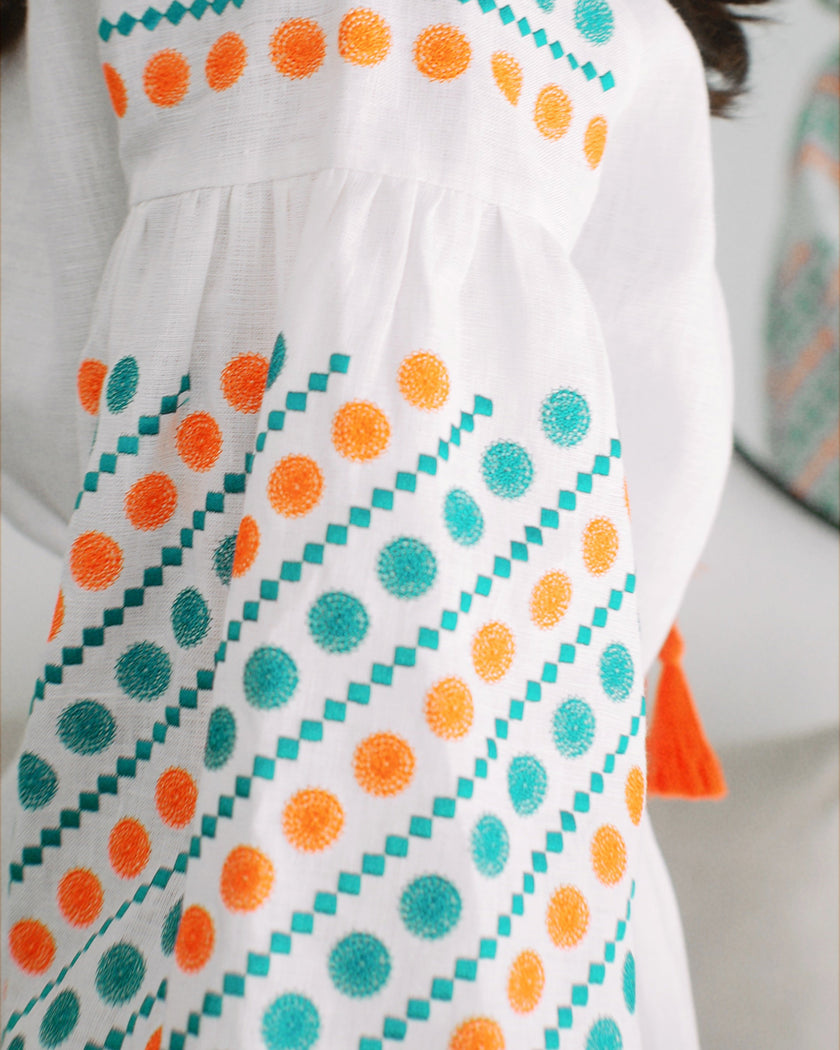 White Turquoise Orange Geometric Embroidered Linen Mini Kaftan Dress
