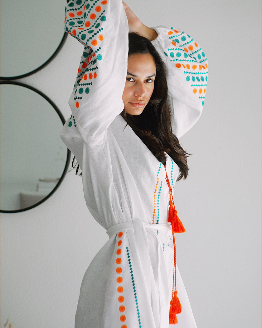 White Turquoise Orange Geometric Embroidered Linen Mini Kaftan Dress