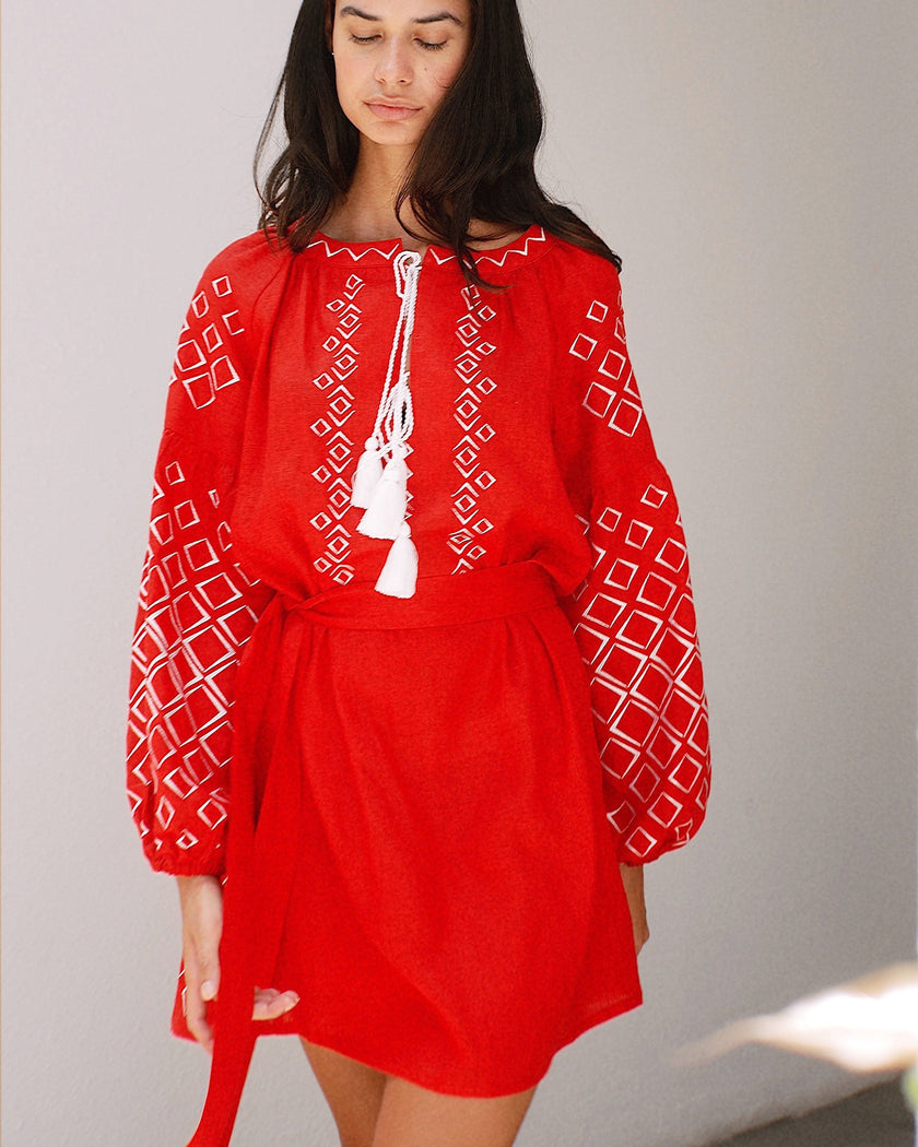Red White Geometric Embroidered Linen Kaftan Mini Dress