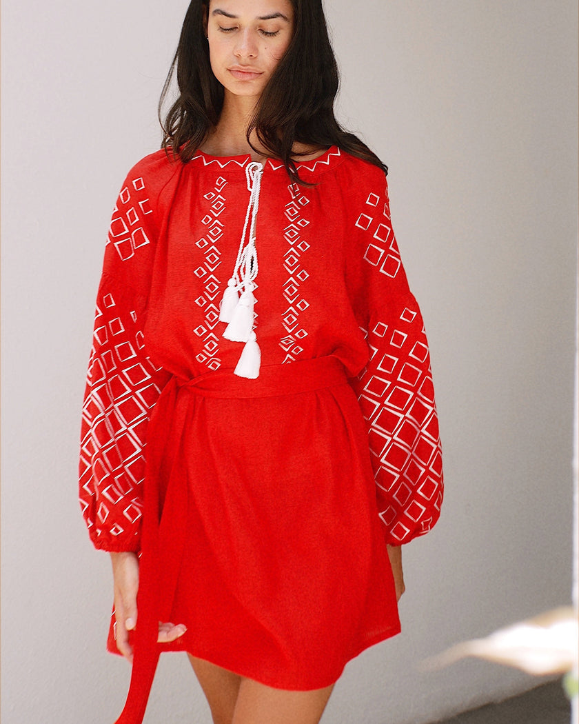 Scarlet Red Embroidered Linen Mini Dress – Balloon Sleeves