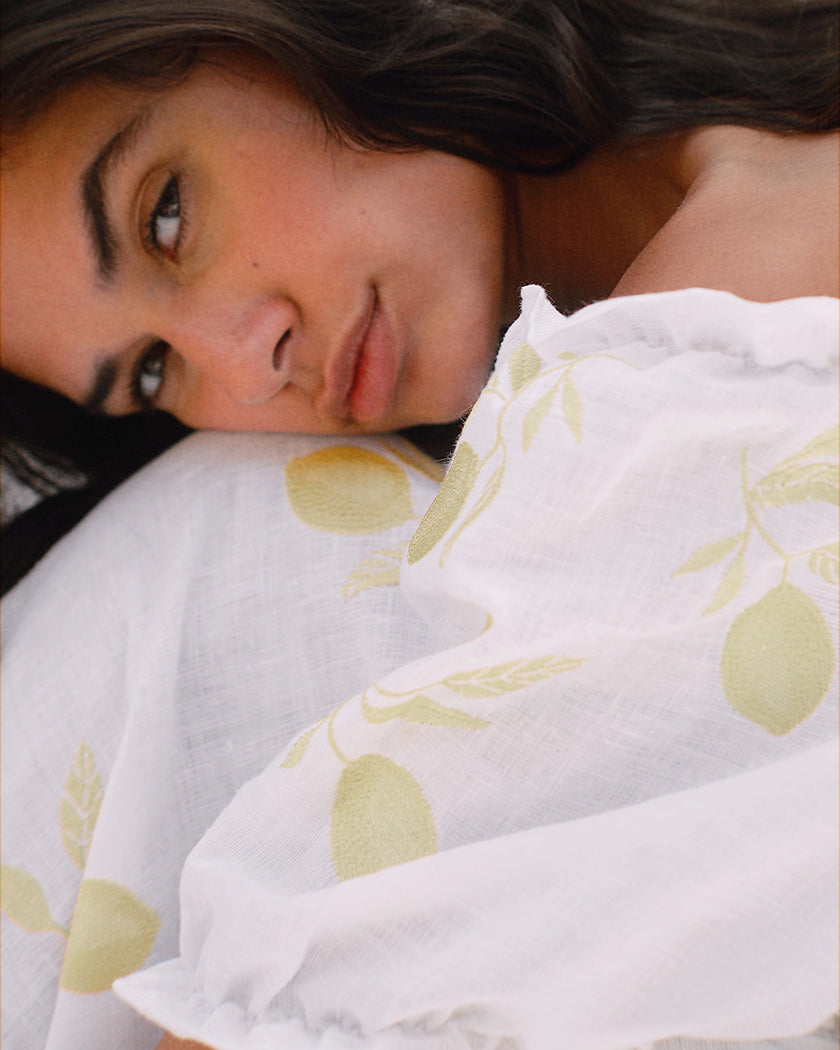 White Yellow Lemon Embroidered Linen Midi Dress