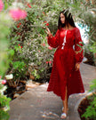 Cherry Red Embroidered Linen Maxi Dress – Balloon Sleeves