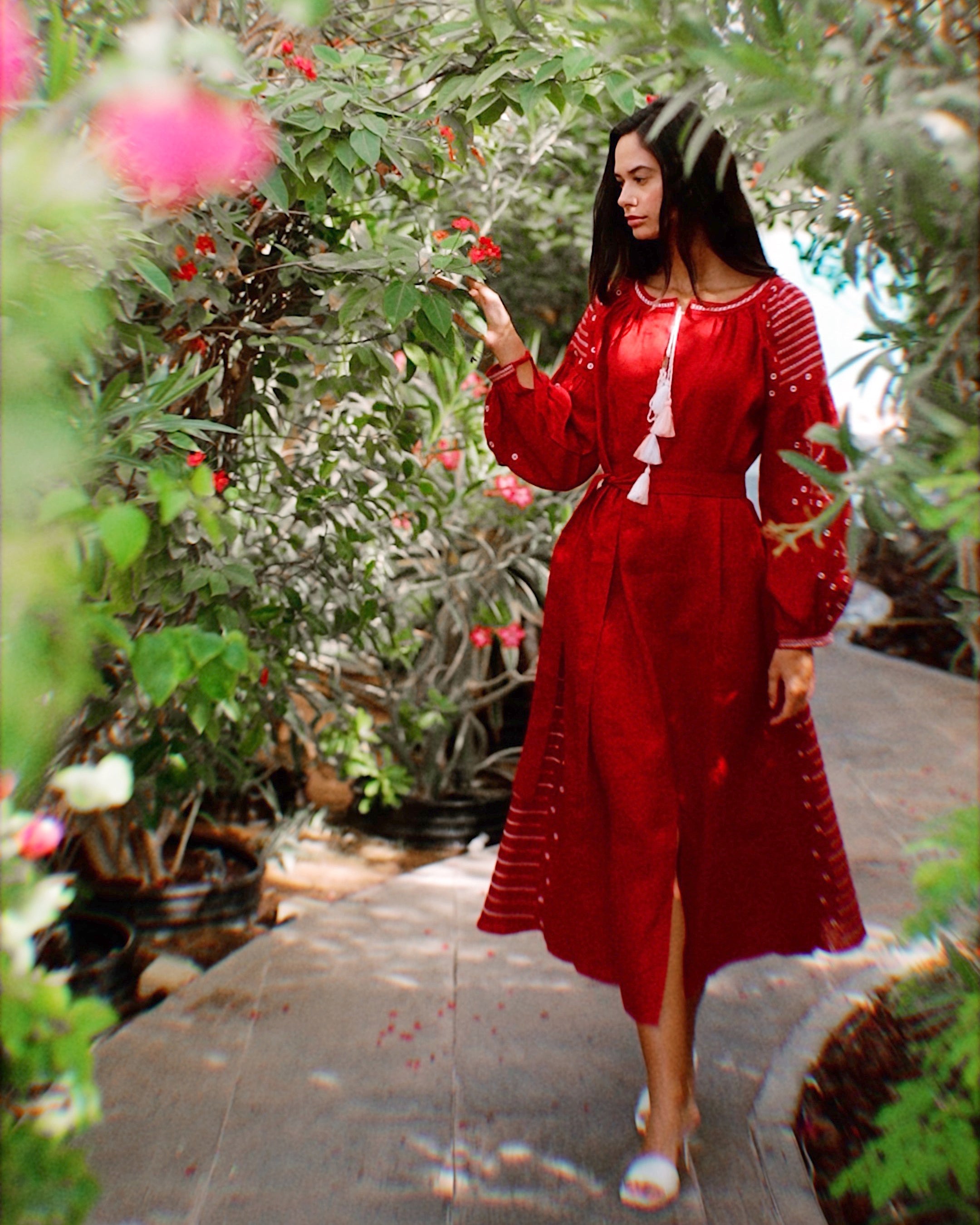 Cherry Red Embroidered Linen Maxi Dress – Balloon Sleeves