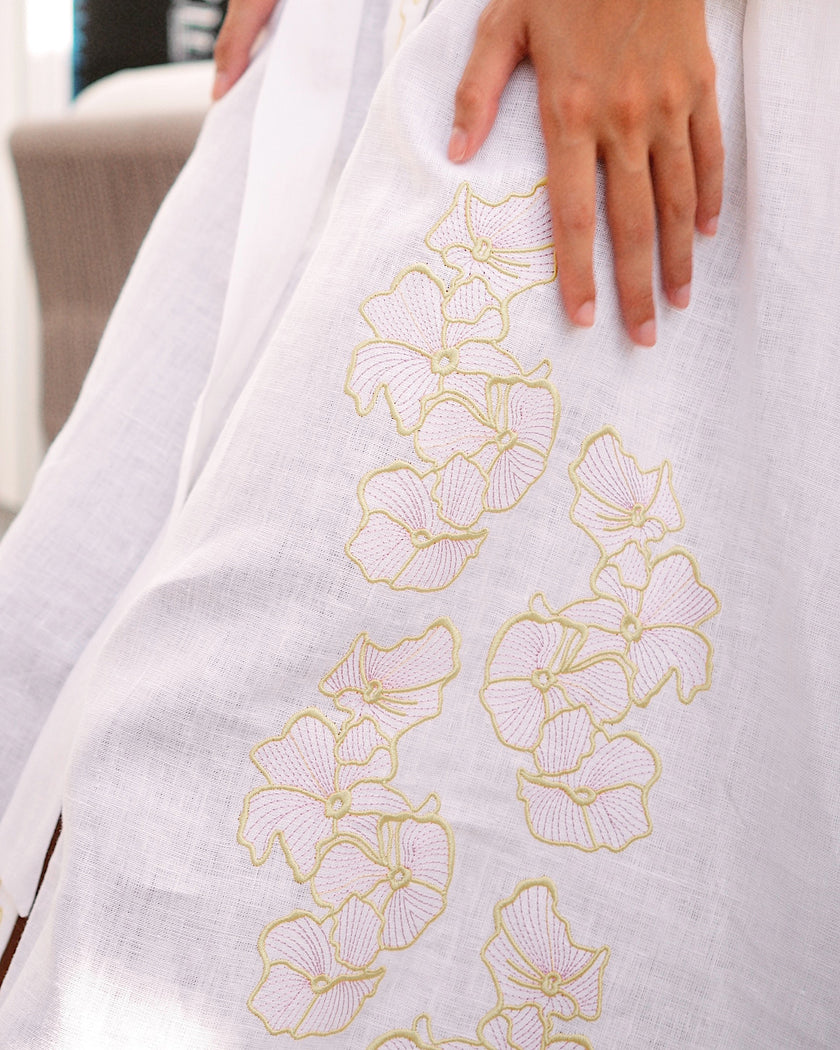 White Yellow Floral Embroidered Linen Kaftan Maxi Dress